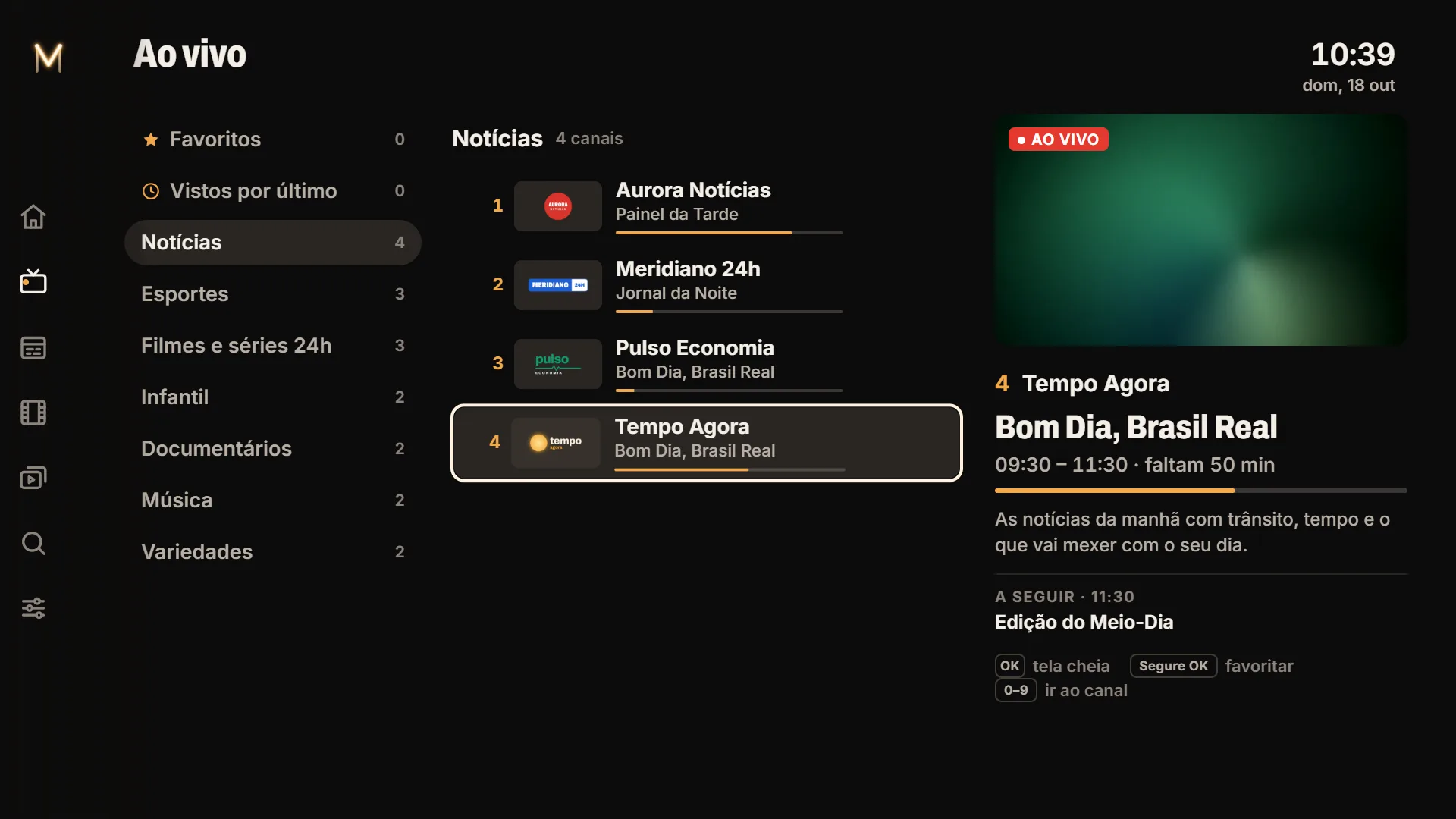 Lista de canais ao vivo com a prévia do canal selecionado e o que passa agora e depois
