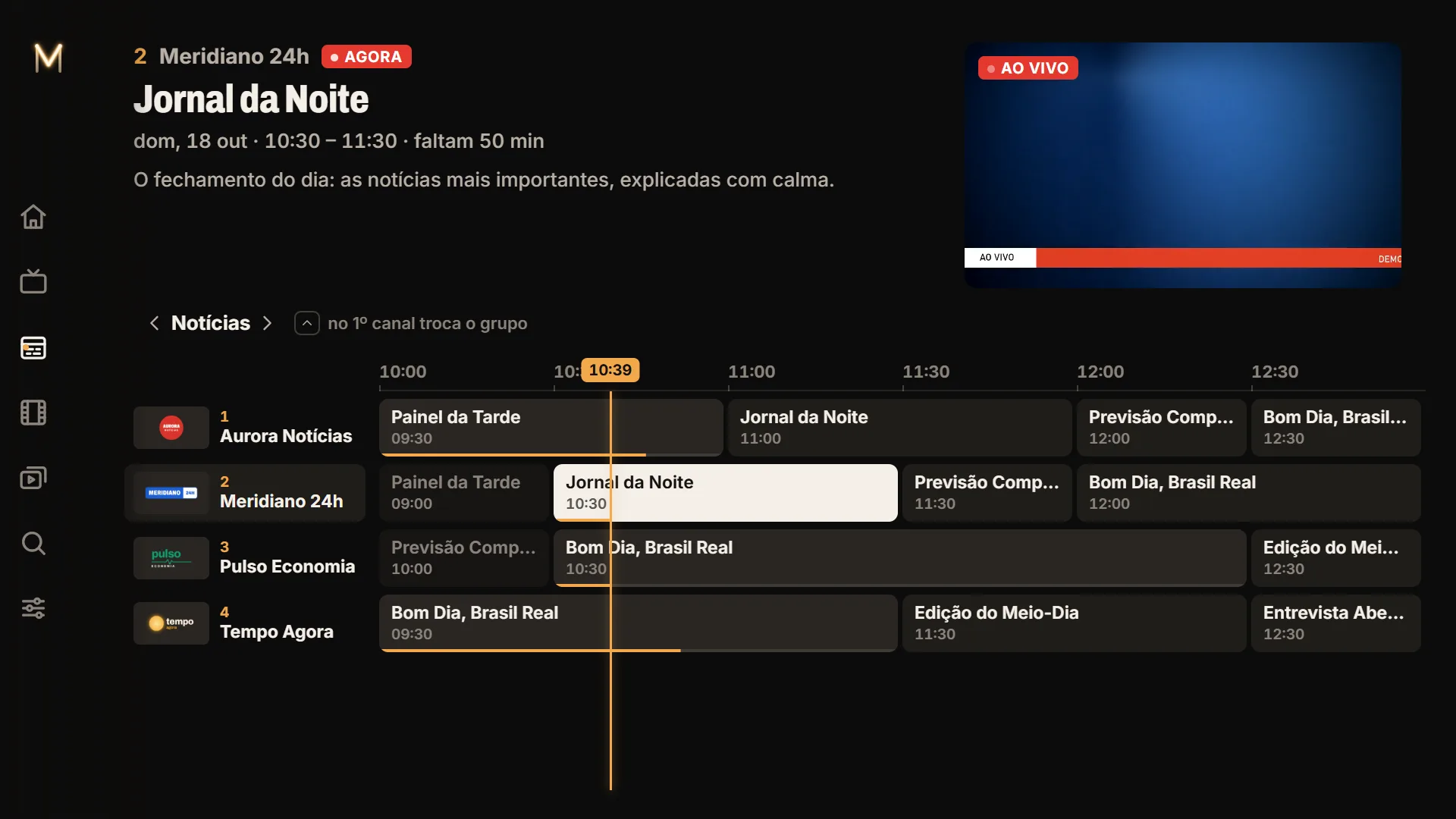 Guia de programação em grade, com o programa no ar em destaque